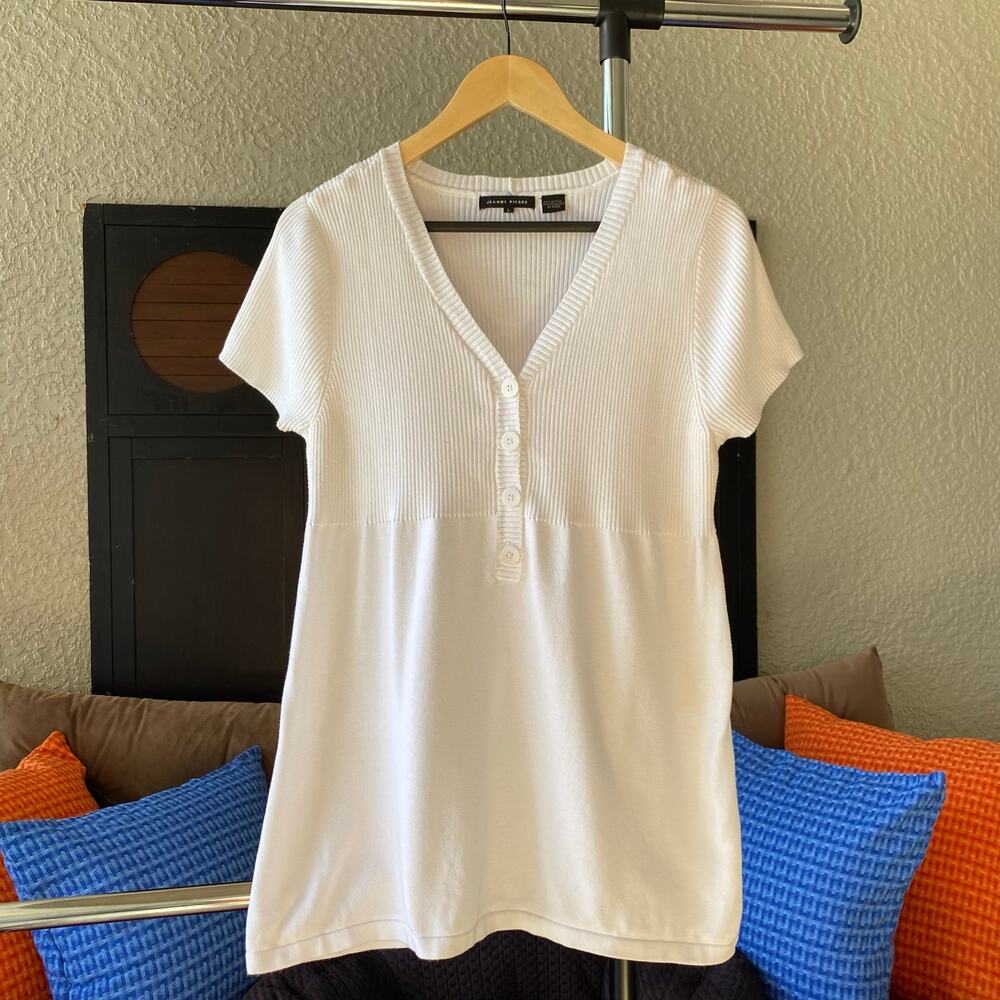 VTG Jeanne Pierre Rib Knit Sweater Top White Large V Neck Dress Long Length